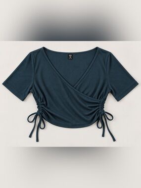Ribbed Teal Side-Ruched Wrap Crop Top